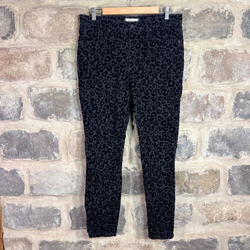 Madewell 9" Mid-Rise Skinny Jeans Black Leopard‎ Flocked Animal Print 30 Rocker